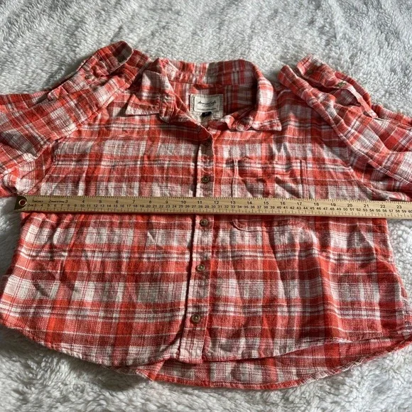 American Eagle Women's M Orange White Plaid Cropped Flannel Button Down Shirt - Picture 8 of 11